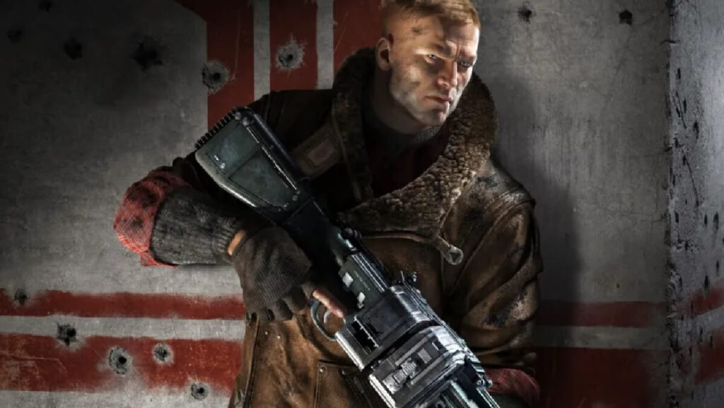 Um personagem masculino armado do jogo Wolfenstein II.